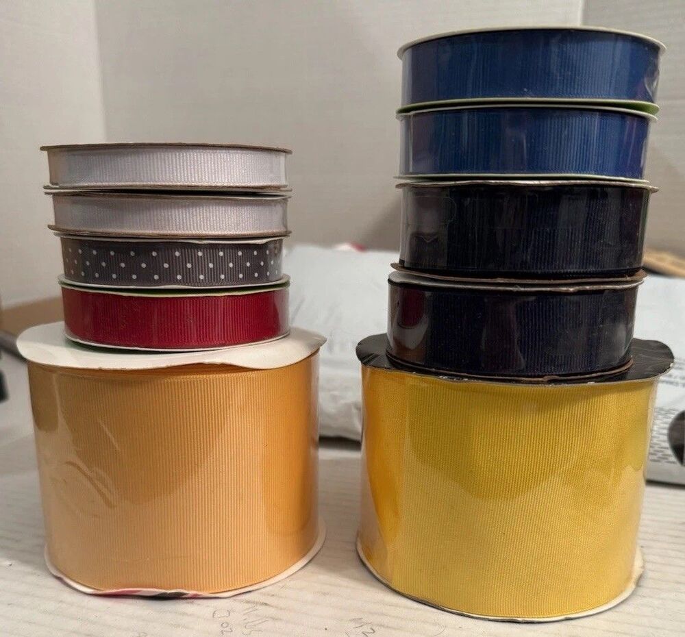 NEW Grosgrain Ribbon Lot 10 Rolls Yellow Gold Navy Blue White Grey Polka Dot Red